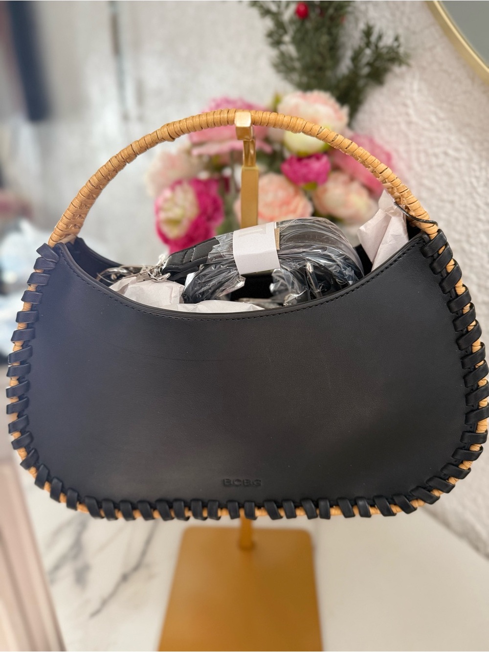BCBG Black Shoulder Bag with Tan Woven Handle crossover purse $198